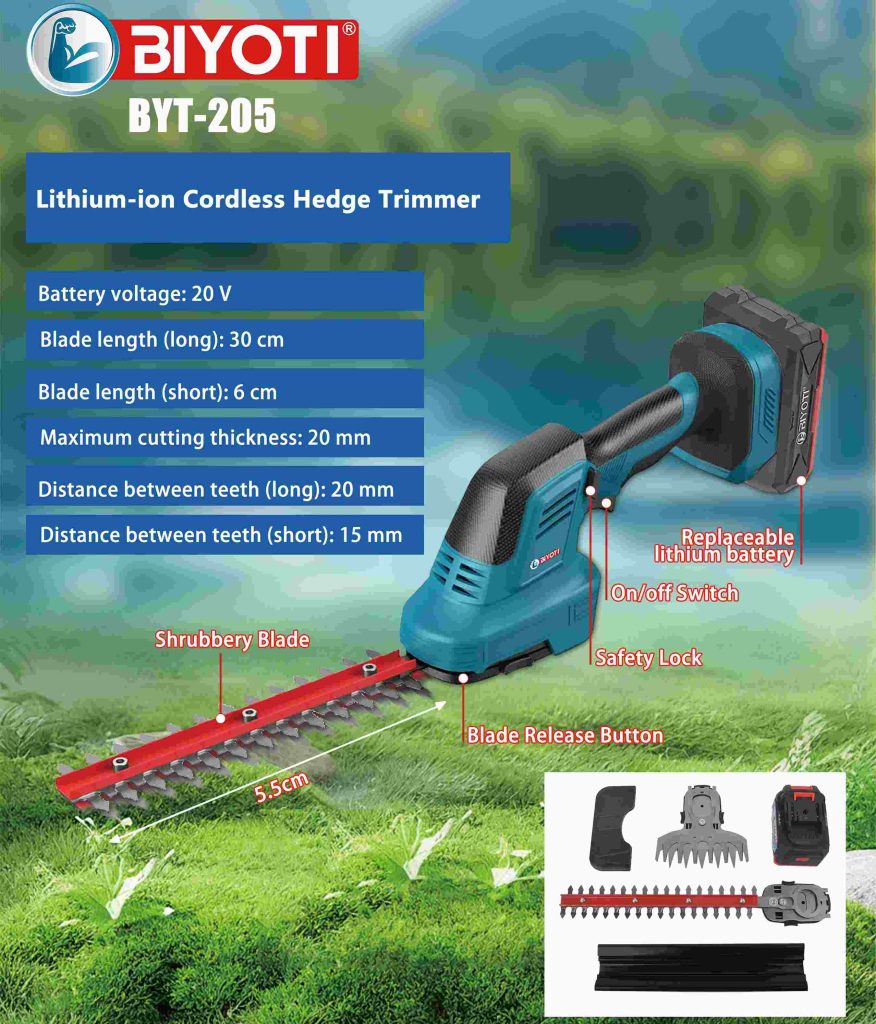 BYT-205 Cordless Hedge Trimmer Dual-Blade Power for Gardens